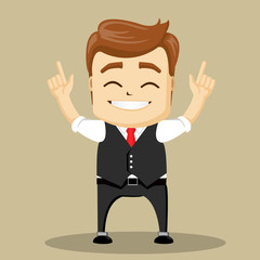 Vector businessman gives thumb up. Happy business man.