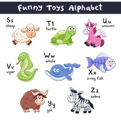Funny animals alphabet. Cute cartoon animals with latin letters isolated on white background. Plush toys collection. Vector illustration of adorable baby animals. 
