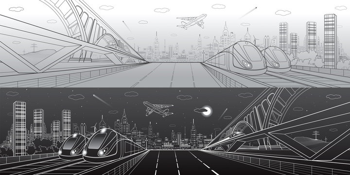 Automobile highway, infrastructure and transportation panorama, airplane fly, train move on bridge, two locomotives in depot, day and night city, towers and skyscrapers, urban scene, vector design art