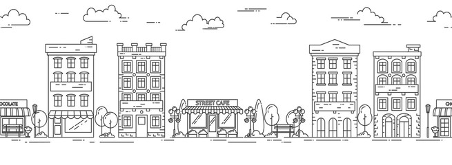 City landscape horizontal seamless pattern Line art © Yuliia Osadcha