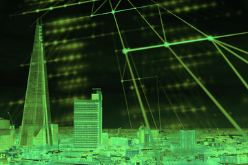 Modern city scape, skyscraper and network, neurone connection concept