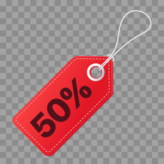Realistic discount red tag isolated on checkered background. Big sale, 50 percent off. Vector vintage label.