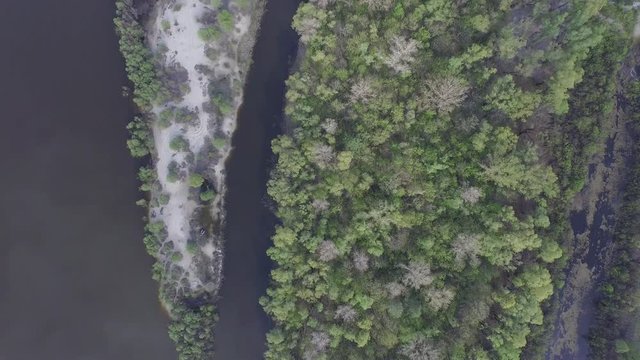 Flying over the river Desna near Kiev, Ukraine. Aerial view. Video 4k.