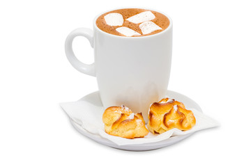 A light breakfast of pastries and cocoa with marshmallows