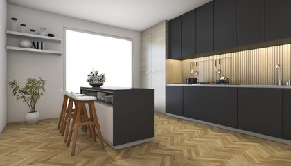 3d rendering dark kitchen with wood floor near window