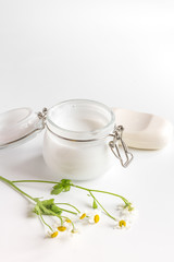 natural organic cosmetics with herbs for baby on white background