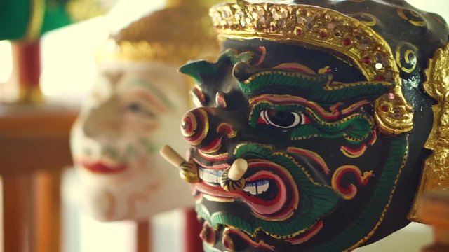 Beautiful majestic Khon masks, Thai classic traditional dance. Handmade head paint and gold wears