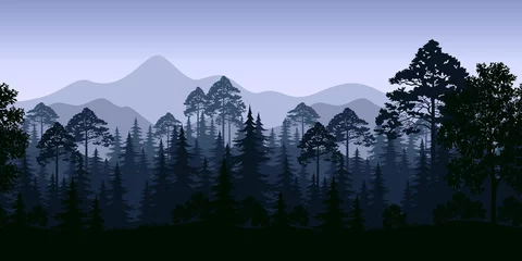 Poster Nahtlose horizontale Nachtwaldlandschaft, Bäume und Berge Silhouetten. Vektor © oksanaok