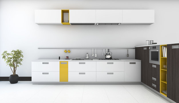3d rendering minimal and modern yellow kitchen with oven in white room