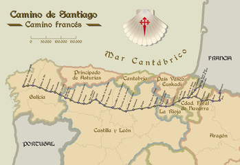 Old style map of Saint James way french route. Camino de Santiago. Camino francés. Mapa del camino de santiago
