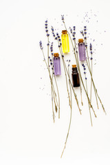 cosmetics with lavender on white background top view
