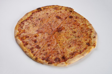 Classic tasty Italian Margarita Pizza with cheese isolated on white background.