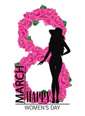 Happy womens day. 8 march Design with girl and roses. International Womens Day Background