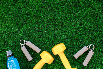 concept preparing to fitness sports equipment top view mock up