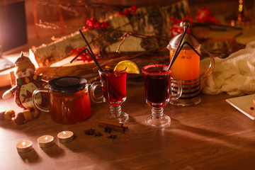 Hot buckthorn tea and mulled wine with decor