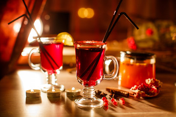 Hot buckthorn tea and mulled wine with decor