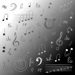 Hand Drawn Set of  Music Symbols. Monochrome Doodle Treble Clef, Bass Clef, Notes and Lyre. Sketch Style. Vector Illustration.