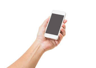 Man hand holding mobile phone isolated on white background. clip