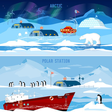 North Pole, polar station banners. Scientific station