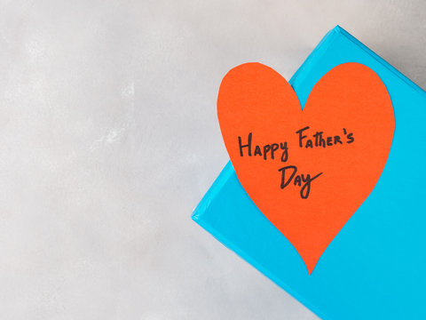 Blue Box Present With Paper Red Heart Hand Written Happy Father's Day