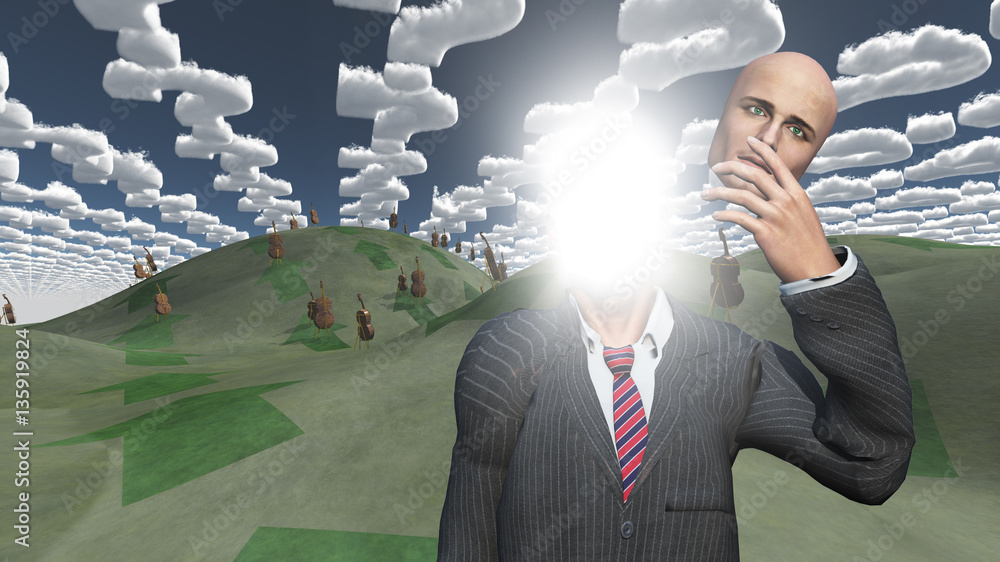 Poster man removes face showing lightn in landscape with question shape