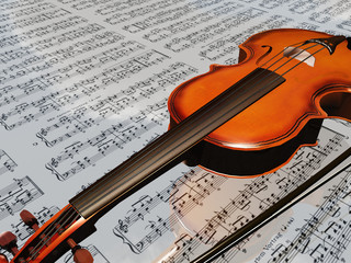 Naklejka premium Violin on sheet music backdrop with clouds reflecting