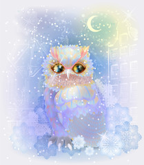 Fairytale owl in the snowy city. Christmas  and New Year illustr