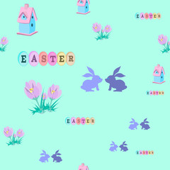 Seamless pattern with birdhouse, rabbits, spring crocus. Spring time and easter.