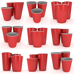 Disposable drink cups set. Red paper mug. 3d render isolated on white background