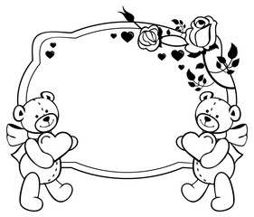 Oval label with outline roses and cute teddy bear holding heart. Vector clip art