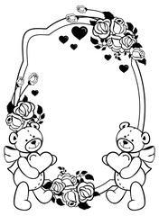 Oval label with outline roses and cute teddy bear holding heart. Vector clip art