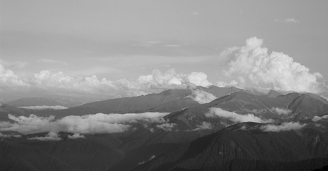 Magnificent views of the Caucasus Mountains. Black and white photography