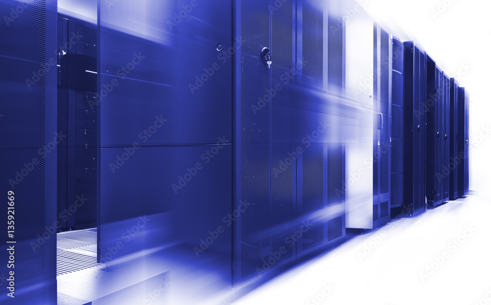 Poster mainframe clusters in modern data center with blur and motion blue tone