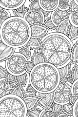 Seamless pattern with detailed hand drawn lemons. Background for coloring book pages.