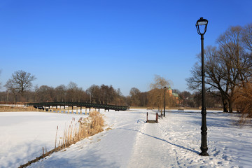 Piękny park zimą, most, latarnie i ławeczki. - obrazy, fototapety, plakaty