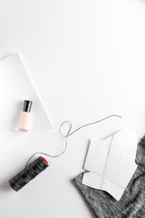 desktop designer clothes with tools top view mock up