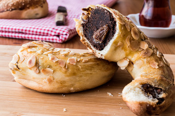 Turkish Ay coregi and tea / Croissant with chocolate cocoa and raisin.