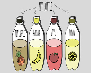 Set of four juice bottles with bright fruit icons. Vector.