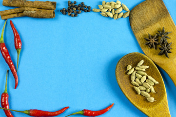 Indian spices and herbs on blue background with top view and copy space for design foods, vegetable, spices, herbs, healthy lifestyle or other your content.