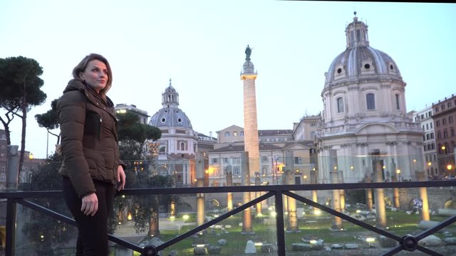 Video of a tourist girl in Ancient Trajan's Market, ruins at Via dei Fori Imperiali, Rome, Italy, Europe