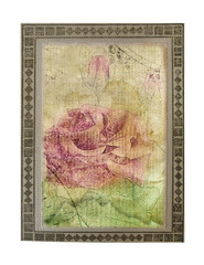 Old vintage crumpled card with hand drawn rose