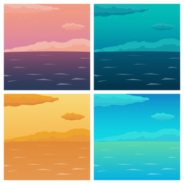 Set of Sea background with waves and clouds. Vector flat illustration.
