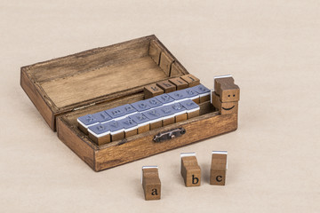 Stamps in a wooden box