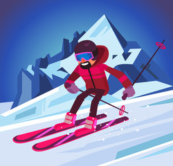 Skier man character running downhill. Vector flat cartoon illustration