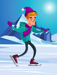 Fototapeta premium Man character skating. Vector flat cartoon illustration