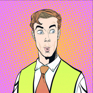 Portrait of surprised man. Surprised businessman. Surprised man. Concept idea of advertisement and promo. Pop art retro style illustration. People in retro style. Halftone background.  question what.