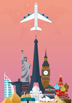 Travel poster. Around the world. Vacation. Trip to country. Travelling illustration. Modern vector flat.
