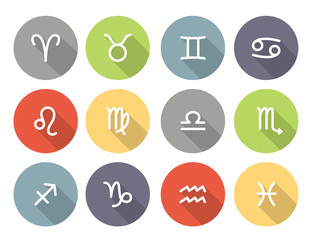 Set of zodiac symbols, round colored icons with shadow on the white background