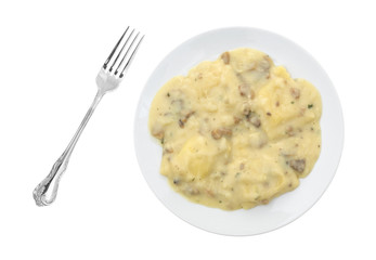 Ravioli in a cheese and mushroom sauce meal on a plate with a fork to the side isolated on a white background.