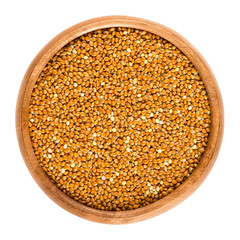 Wholemeal brown millet in a wooden bowl. Reddish colored archetype millet grains. Mineral rich cereal. Edible, raw, wild and organic. Isolated macro food photo close up from above on white background.